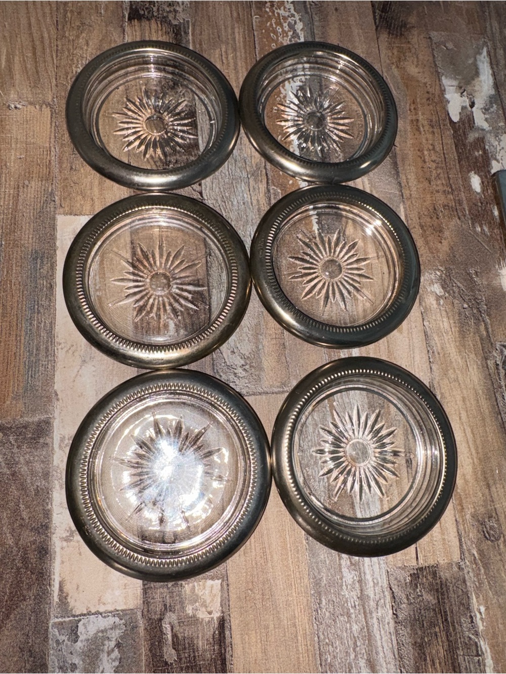 Set of Six Vintage Round Crystal Coasters with Starburst Design and Silver